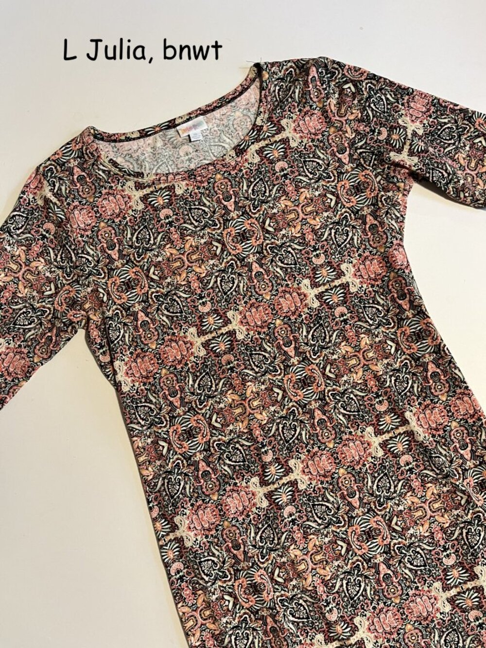 Large Lularoe Julia sheath dress, pastel and black paisleys